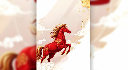 赤い馬が力強く駆け抜ける美しいイラスト、幸運を呼ぶようなデザイン