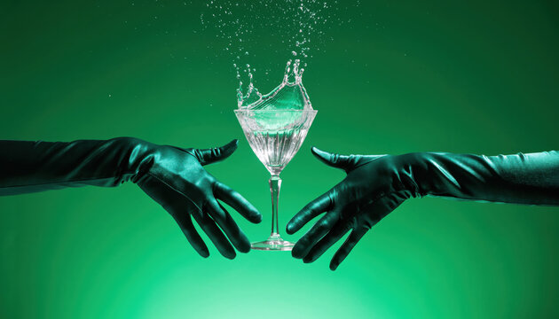 Elegant gloved hands presenting martini cocktail splash