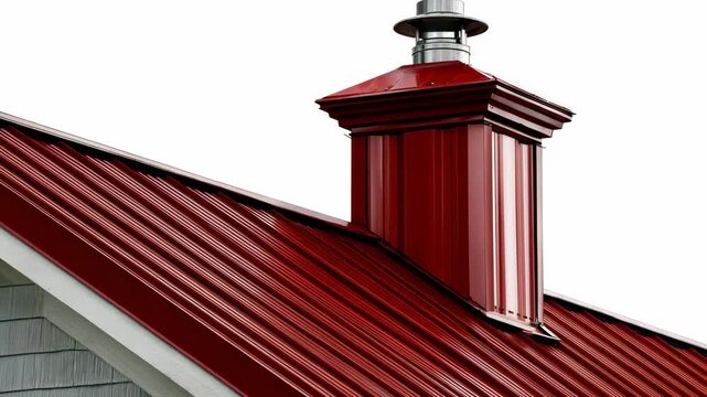 Red metal chimney on top of a house in clear light with slanted roof design