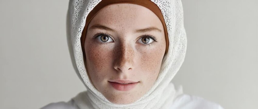 Close-up of a beautiful young woman with prominent freckles wearing a white patterned hijab, natural and elegant expression