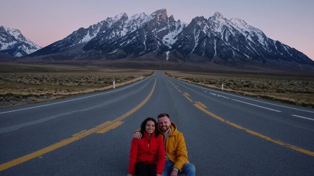 Couple in colorful jacket sits on empty road with smile. Man hugs woman in winter landscape. Travel scene shows mountain background. Happy pair enjoy journey together in nature with mountain view