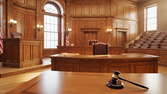 Empty courtroom interior with American flag, judges bench, defendant stand, and wooden benches for justice.
