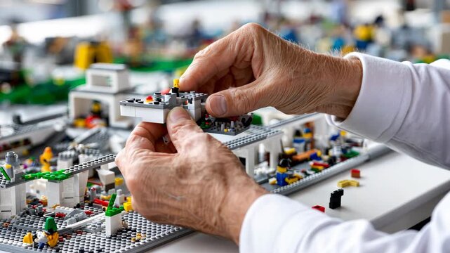 Building a model using bricks in a bright room with various pieces and figures scattered on the table