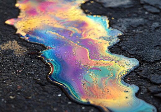 Elongated rainbow oil slick puddle on black pavement with bright magenta, cyan, yellow, orange, purple, blue colors and ripples