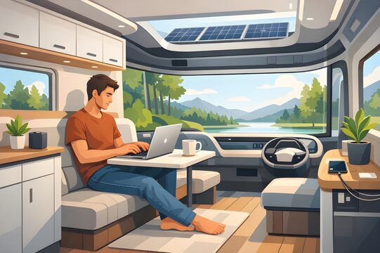 Digital Nomad Working on Laptop inside Autonomous Electric Comper Van Modern Lifestyle Vector 
