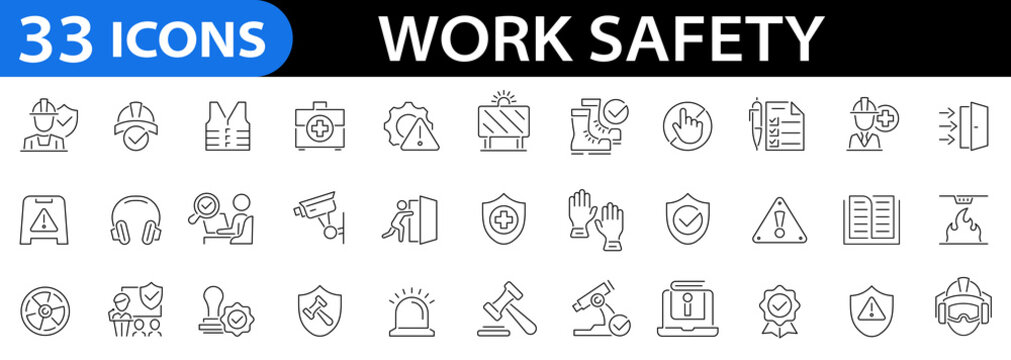 Work safety 33 icon set. Safety first, risk management, hard hat, insurance, first aid kit, ear protection, workplace security and more.  Editable stroke. Vector illustration 