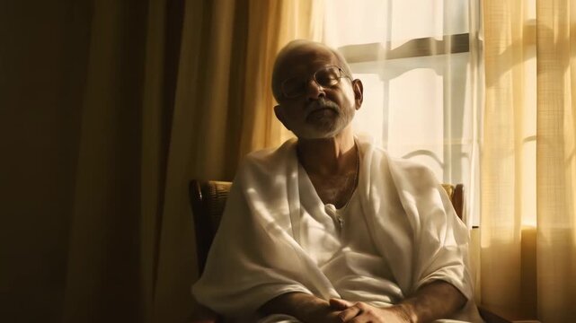 Senior man sits contemplatively by a window, observing yom kippur