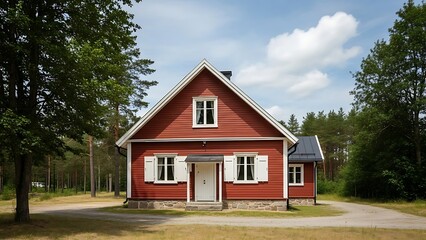 Charming Red Cottage Surrounded By Lush Trees