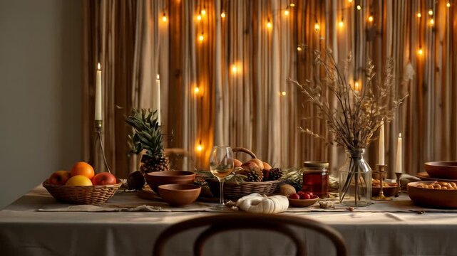 Festive sukkot table setting features warm lighting, autumnal decorations, and traditional foods, creating a cozy atmosphere