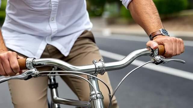 Cyclist rides a bike on a city street in the afternoon, gripping the handlebars while navigating traffic