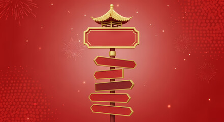 鮮やかな赤色の背景に立つ見事な東洋風の道標が美しく輝く