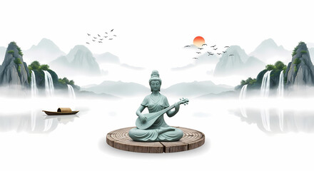 静かな湖畔で奏でられる美しい音楽、心安らぐ仏像の穏やかな風景