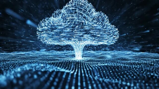 A digital tree made of glowing particles emerges from a flowing data stream. Futuristic aesthetic