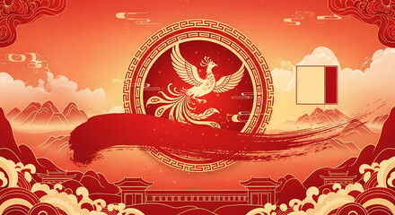 見事な鳳凰が優雅に舞う！伝統的な赤い背景が印象的なイラスト