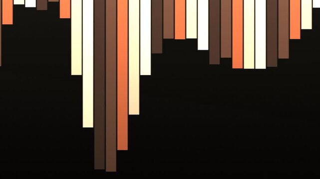 Abstract artwork featuring vertical rectangles of varying heights, warm colors on black