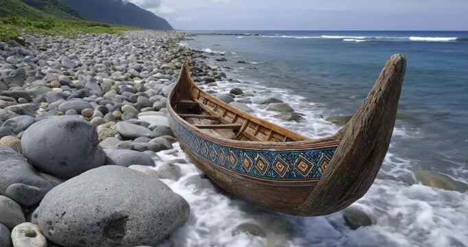 A beautifully crafted wooden boat with vibrant, intricate geometric patterns rests peacefully on a pebble beach, gently touched by soft ocean waves. The serene coastal scene features clear blue water 