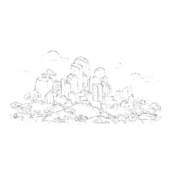 Obraz premium Cityscape Skyline with Trees and Clouds in Black and White Line Art