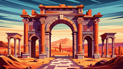 Obraz premium Very beautiful close view of Trajan’s Arch within the ruins of Timgad, highlighting Roman architectural symmetry and the enduring legacy of ancient Algeria.