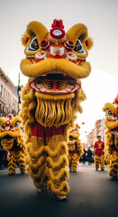 鮮やかな獅子舞が賑やかに街を練り歩く、お祭りシーズンの素晴らしい光景