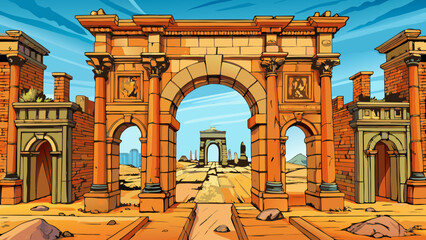 Obraz premium Very beautiful close view of Trajan’s Arch within the ruins of Timgad, highlighting Roman architectural symmetry and the enduring legacy of ancient Algeria.