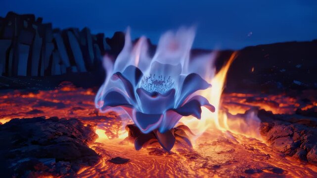 Blue Lotus Flower Engulfed in Flames Rising From Lava Field