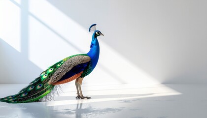 Fototapeta premium Elegant peacock with vibrant blue and green iridescent plumage stands gracefully on a pristine white floor, bathed in natural light, showcasing its majestic beauty and regal form