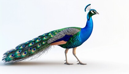 Fototapeta premium Majestic Indian Peacock with Vibrant Plumage Standing Proudly on a White Background - A Symbol of Beauty and Grace