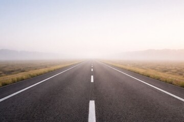 Straight Highway Under Vast Blue Sky with Large Copy Space, Empty Asphalt Road, Open Horizon Landscape, Freedom Concept, Travel Route Background, Minimal Corporate Banner Design