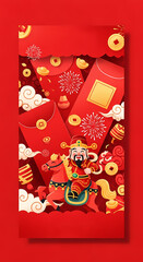 見事に飾られた幸運の赤い封筒、お祝いの雰囲気が明るく表現されている！