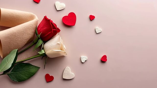 Flowers and hearts for a special occasion in a charming setup with red and white roses, wooden hearts and soft colors on a light background