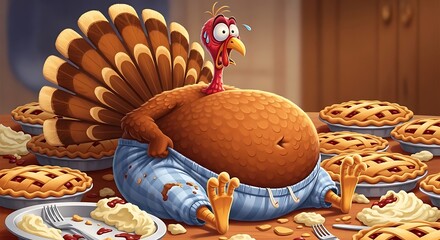 Funny Thanksgiving Turkey Surrounded by Pies Cartoon Illustration