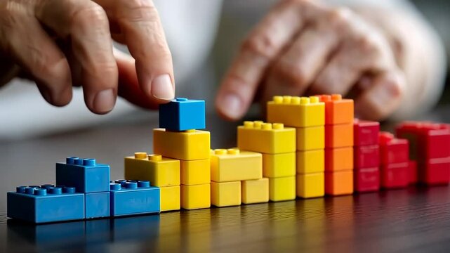 Building shapes and colors with blocks on a table while hands arrange pieces in a series of patterns during afternoon activity