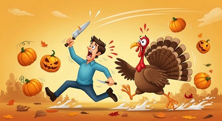 Cartoon Turkey Chase with Pumpkins and Autumn Leaves