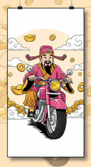 財神がバイクを運転し、幸運が舞い込む素晴らしいイラストです！