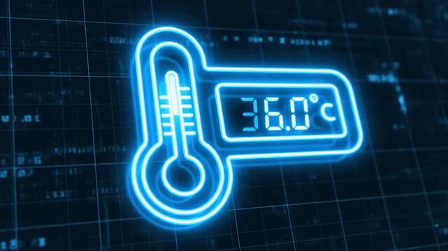 Glowing blue digital thermometer with 37.0?C reading, on a grid of binary code