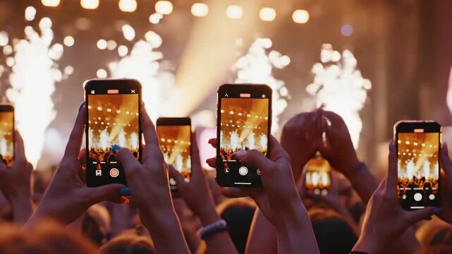 Audience filming concert with smartphone. Fans holding up mobile phone recording live music show with pyrotechnics.