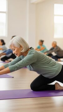 elderly woman practicing yoga in a bright studio with diverse group of seniors