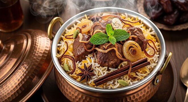 Delicious steamy mutton biryani served in traditional hammered copper handi garnished with fresh mint caramelized onions and aromatic whole spices ready for eating.