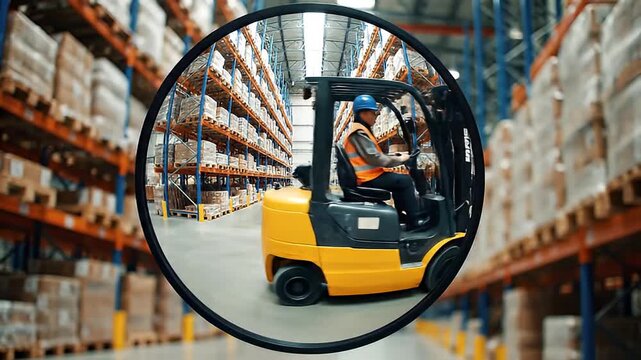 Skilled forklift operator navigating a modern industrial warehouse filled with organized inventory shelves.