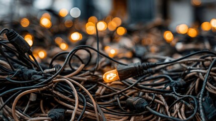 Chaotic pile of tangled black cables and glowing warm light bulbs
