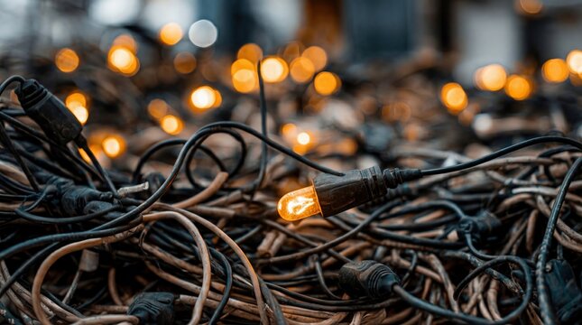 Chaotic pile of tangled black cables and glowing warm light bulbs
