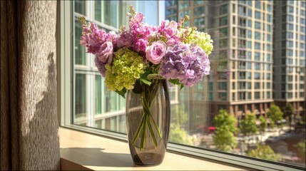 Vibrant floral arrangement in vase with building background and natural light