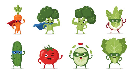 Obraz premium Cartoon Vegetables in Superhero Costumes Showcasing Fitness and Strength in a White Background Illustration