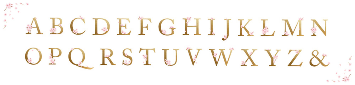 Elegant watercolor cherry blossom alphabet set, uppercase letters with sakura-300dpi-The font is Adobe Caslon Pro.