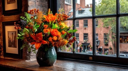 Vibrant floral bouquet in vase on windowsill with architectural backdrop