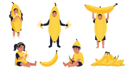 Children dressed in banana costumes posing playfully with bananas in various fun and creative positions in a studio setting © Avra