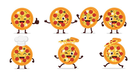 Obraz premium Animated Pizza Characters in Various Actions and Expressions