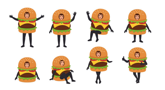 Illustration of people wearing hamburger costumes in various dynamic poses on a plain background