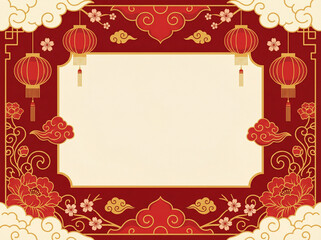 Luxury Chinese New Year Decorative Frame Background with Red Lanterns and Golden Peony Flowers