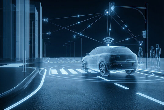 Futuristic autonomous car waits at intersection with glowing road markings and connected traffic lights. Digital city environment illustrates smart transportation and vehicle communication systems.